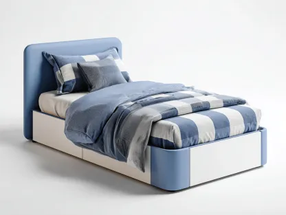 Lit simple 200x90x85 cm - structure bois avec rangement - bleu - blanc - design moderne pour chambre-Loftupshop