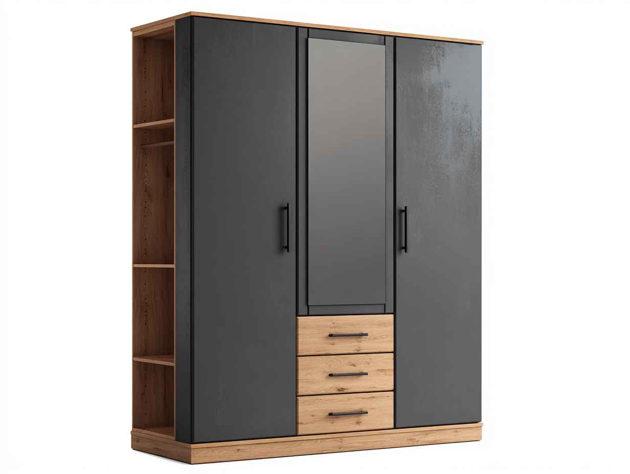 Armoire en bois et métal 160 x 55 x 200 cm - gris foncé et chêne naturel - avec miroir - adaptée à la chambre - design moderne-Loftupshop