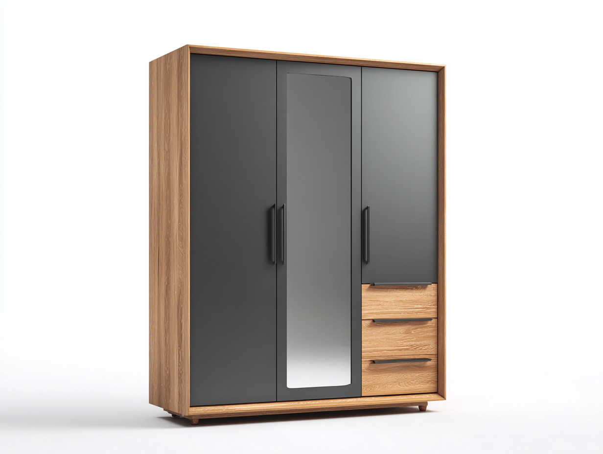 Armoire en bois et métal 150 x 55 x 200 cm - gris foncé et chêne naturel - avec miroir - adaptée à la chambre - design moderne-Loftupshop