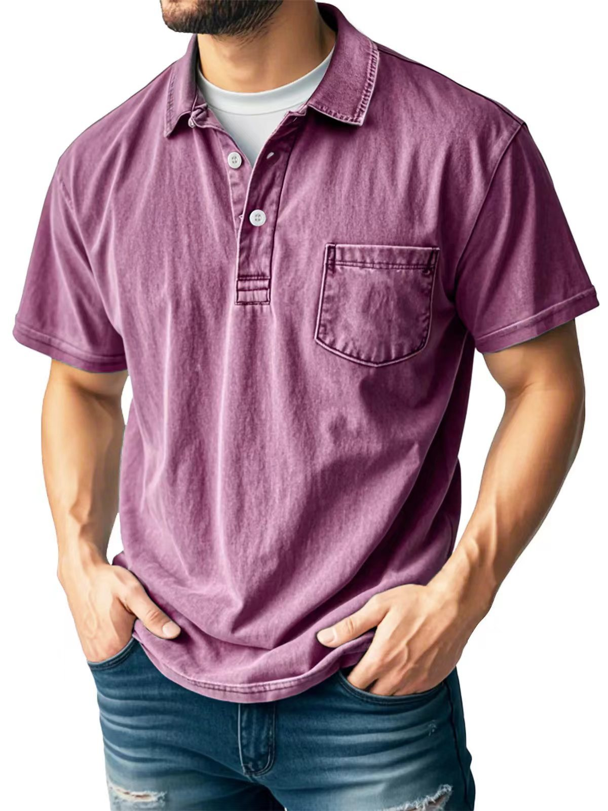 Jeanshemd – Kurzärmeliges Jeans-T-Shirt für Herren mit Knopfleiste