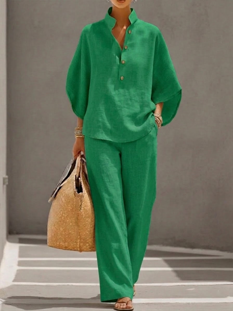 Women’s Batwing Sleeve Linen Cotton Two-Piece Set – Casual Shirt & Wide Leg Pants Outfit