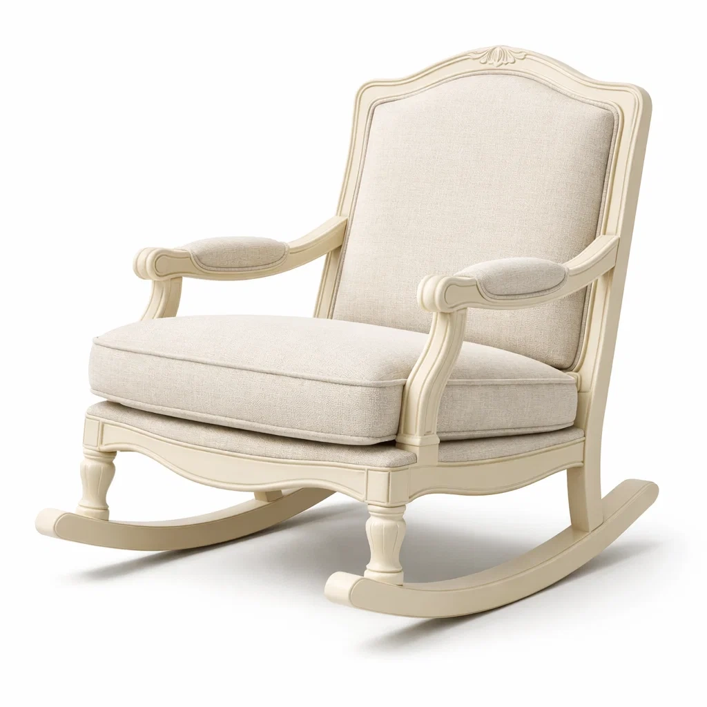 Sedia a dondolo in legno massello e tessuto di lino beige-purecomfortnest