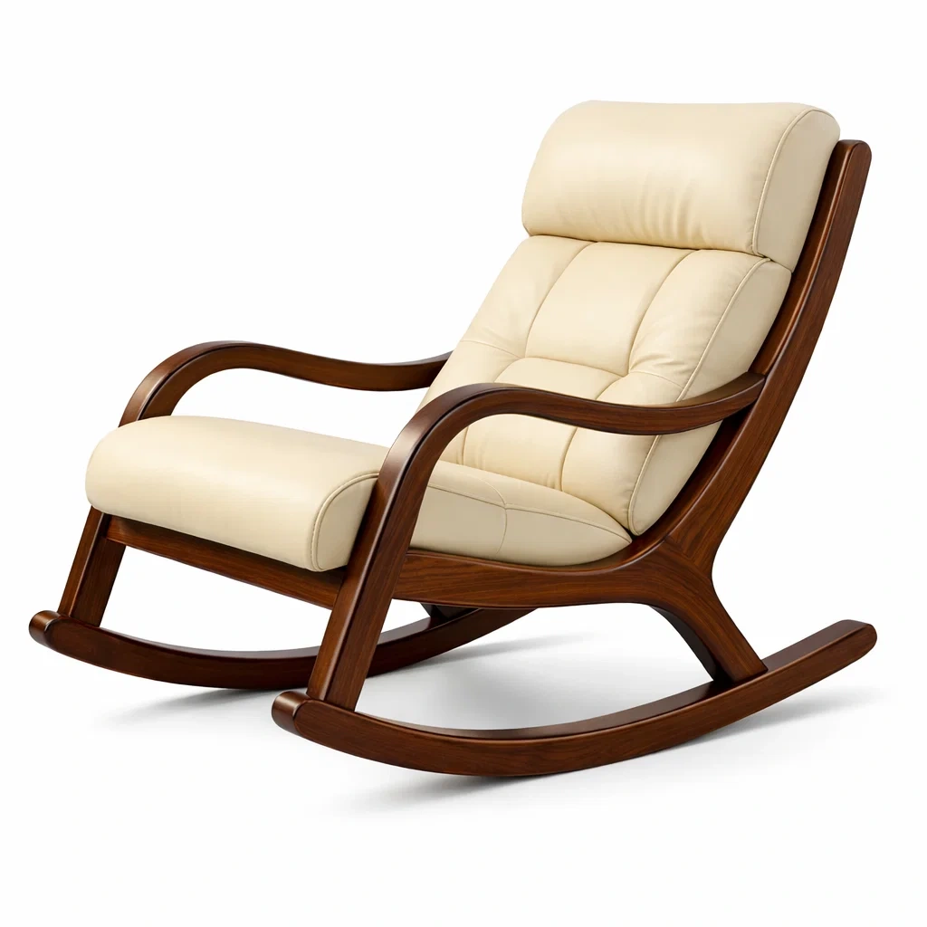 Sedia a dondolo in legno massello con rivestimento in pelle pu crema-purecomfortnest