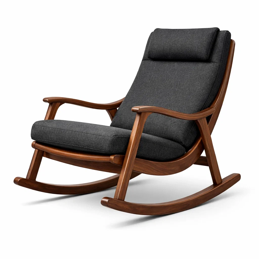 Sedia a dondolo in legno massello e tessuto poliestere grigio antracite-purecomfortnest