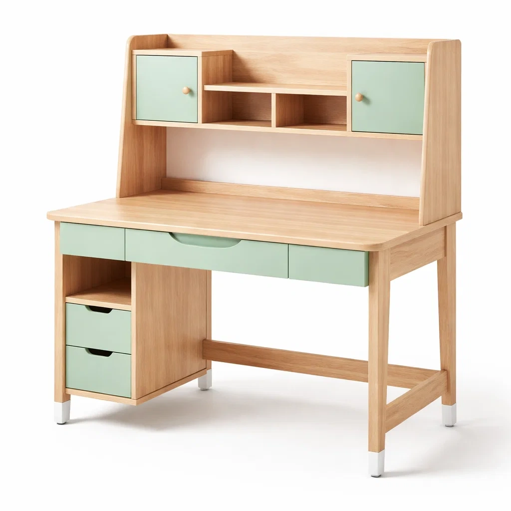 Scrivania per bambini in legno e mdf con mensola e cassetti verde-purecomfortnest