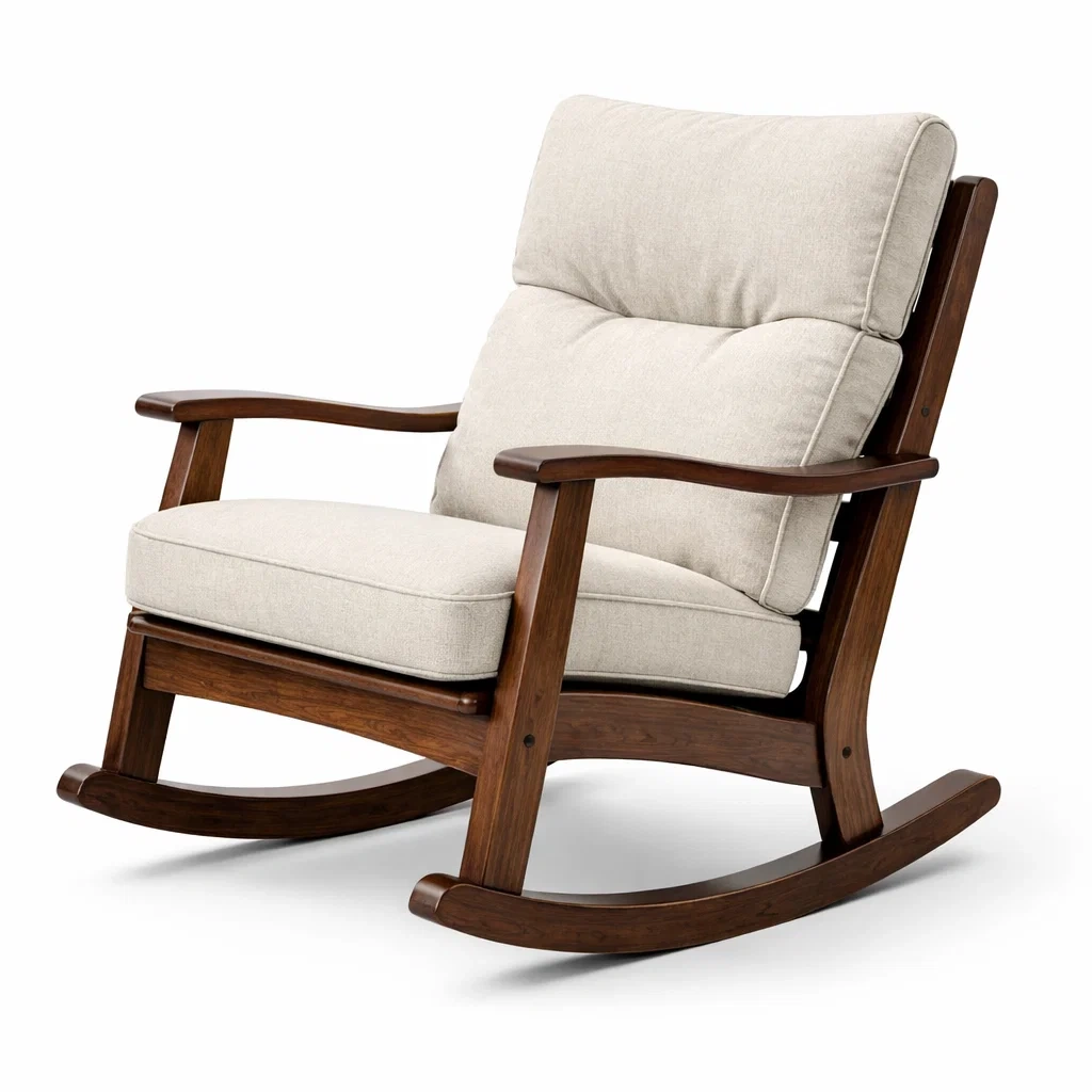 Sedia a dondolo in legno massello con cuscini in tessuto misto cotone-purecomfortnest