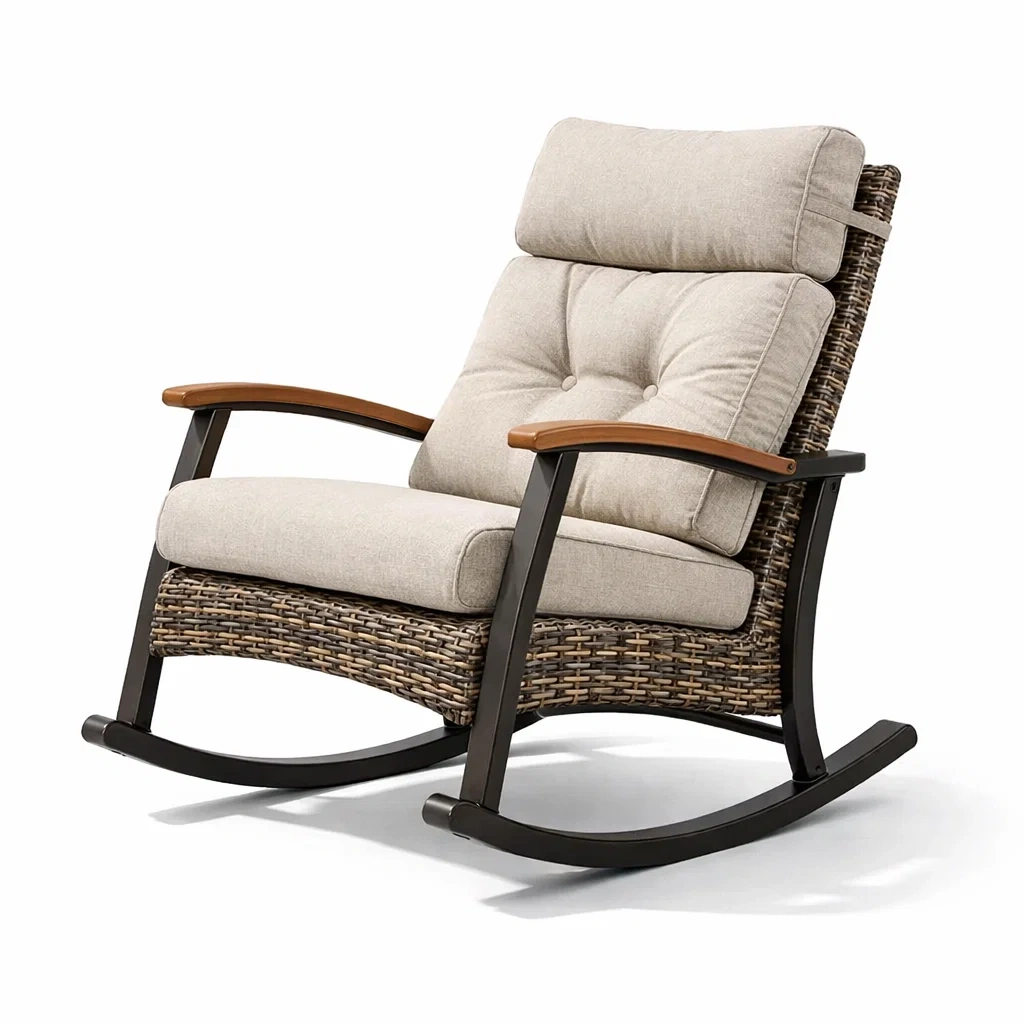 Sedia a dondolo in metallo e rattan sintetico beige-purecomfortnest