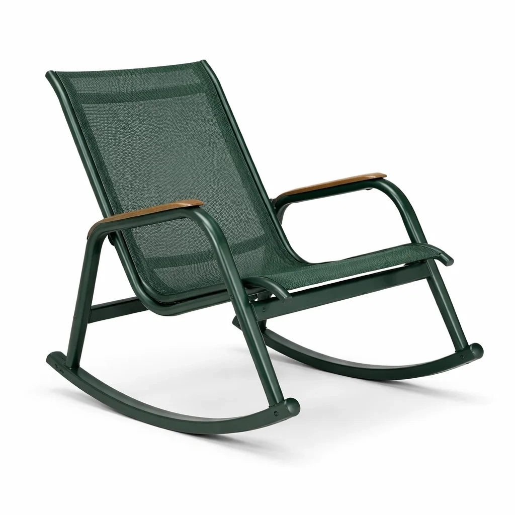 Sedia a dondolo in metallo e tessuto verde-purecomfortnest
