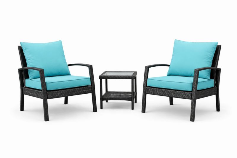 Set Mobili da Giardino 3 Pezzi Rattan con Cuscini Blu, Poltrone e Tavolino