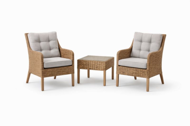 Set da conversazione da giardino 3 pezzi in rattan con cuscini in poliestere grigi