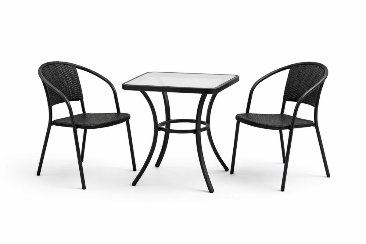 Set da Giardino Metallo e Vetro Temperato 2 Sedie e Tavolo Quadrato Nero