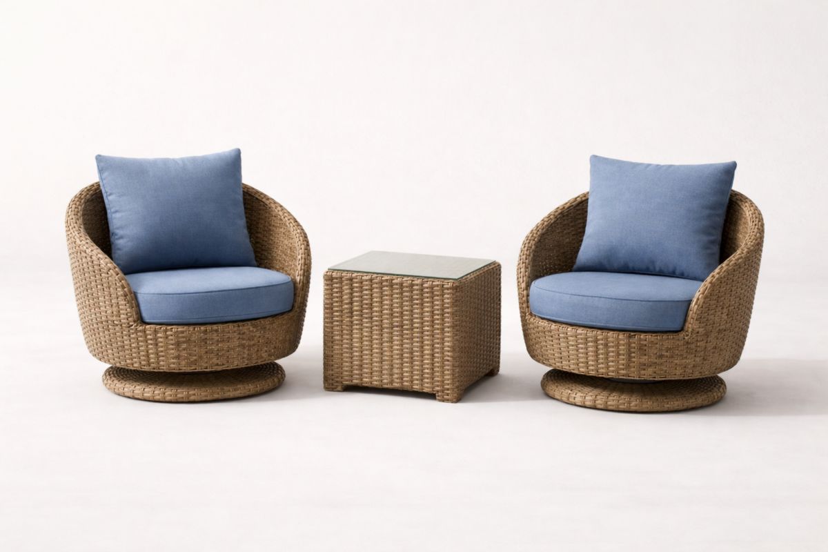 Set di mobili da giardino in rattan con cuscini blu e tavolino in vetro temperato