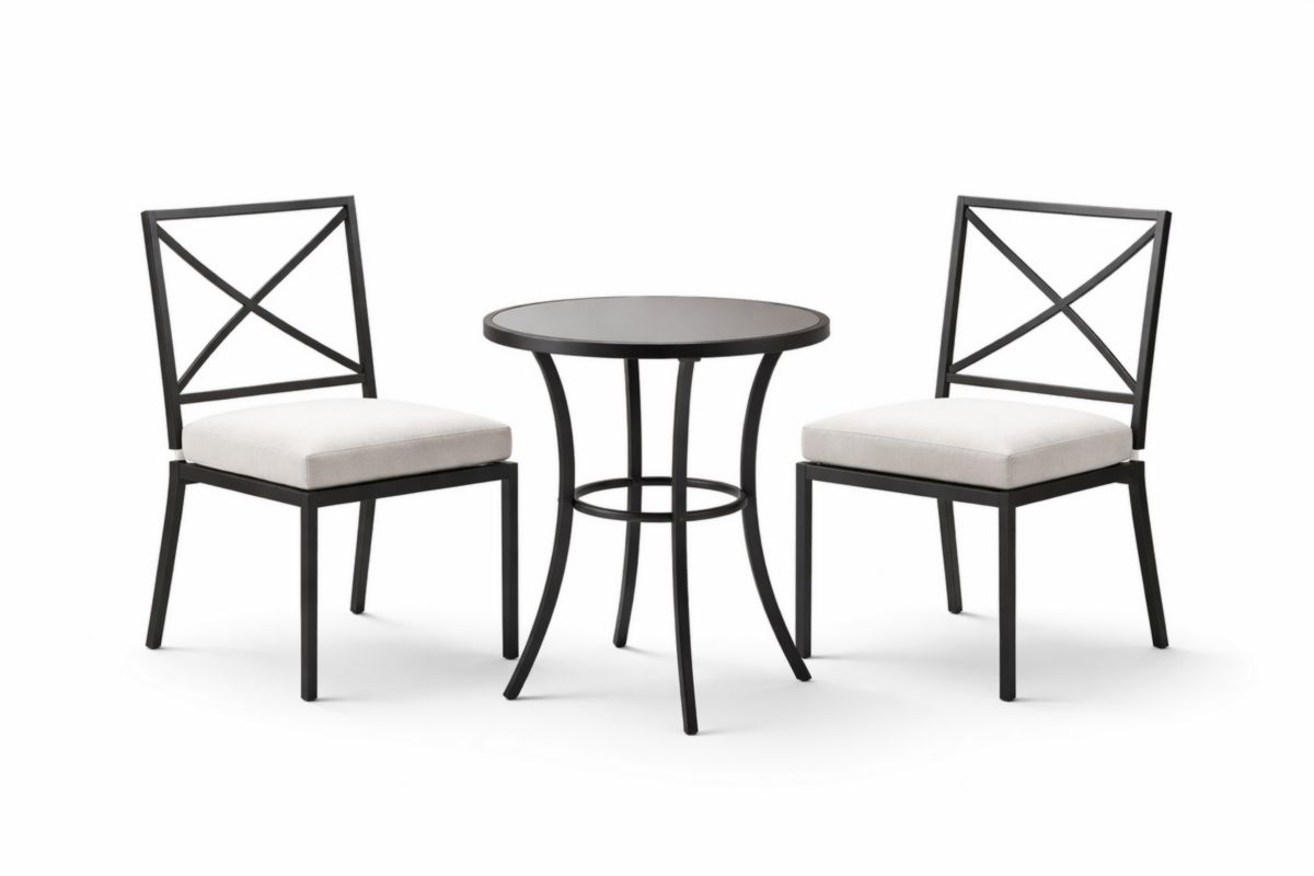 Set caffè esterno tavolo rotondo metallo nero con 2 sedie imbottite in poliestere bianco