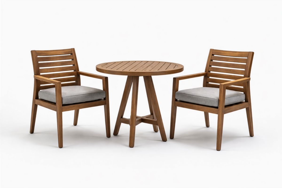 Set da giardino in legno con tavolo rotondo e 2 sedie con cuscini grigi