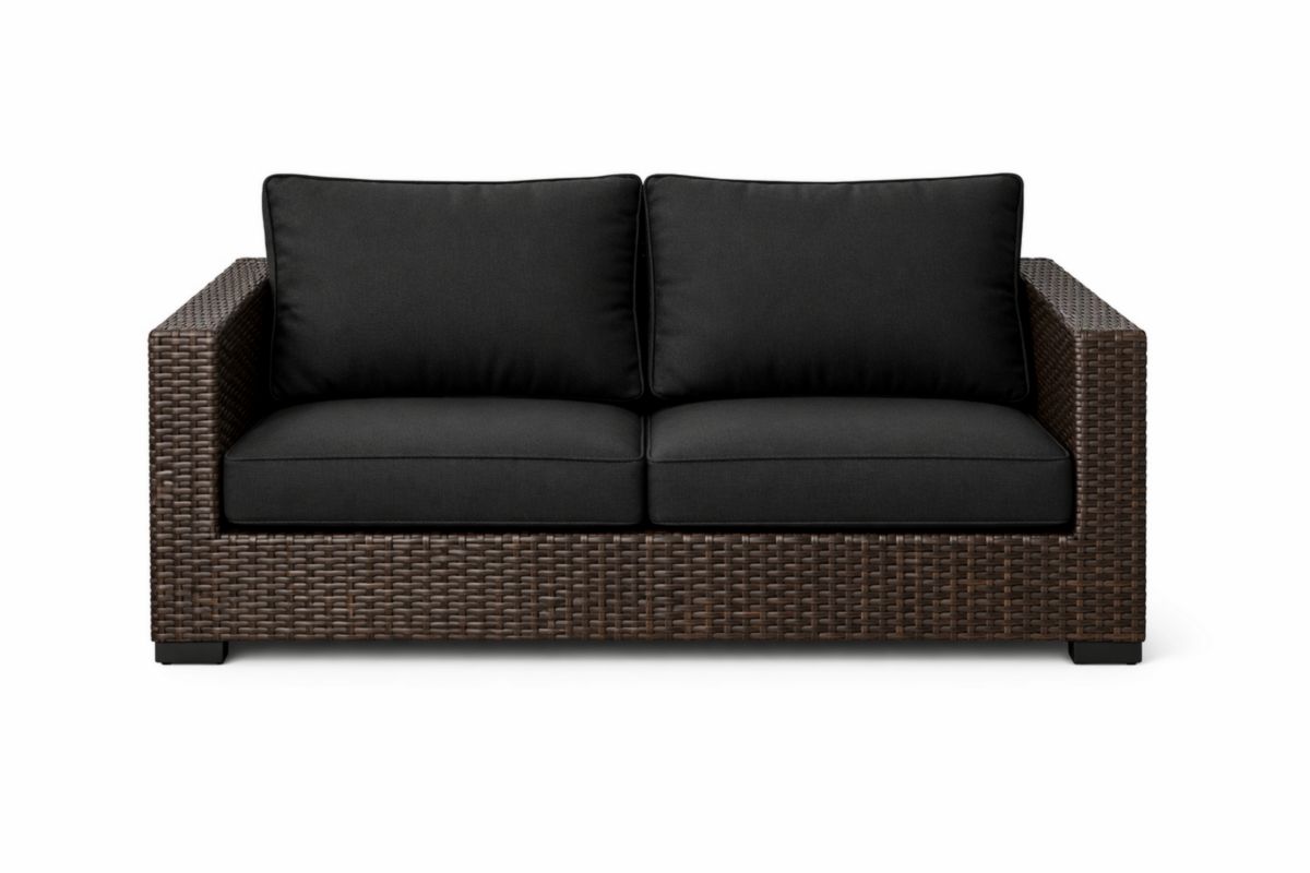 Divano due posti rattan marrone e cuscini neri
