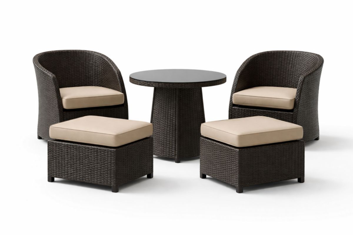 Set da Giardino in Rattan Sintetico Marrone con Tavolo Rotondo e Cuscini Beige