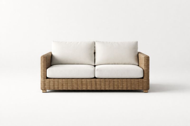 Divano due posti in rattan con cuscini bianchi sfoderabili