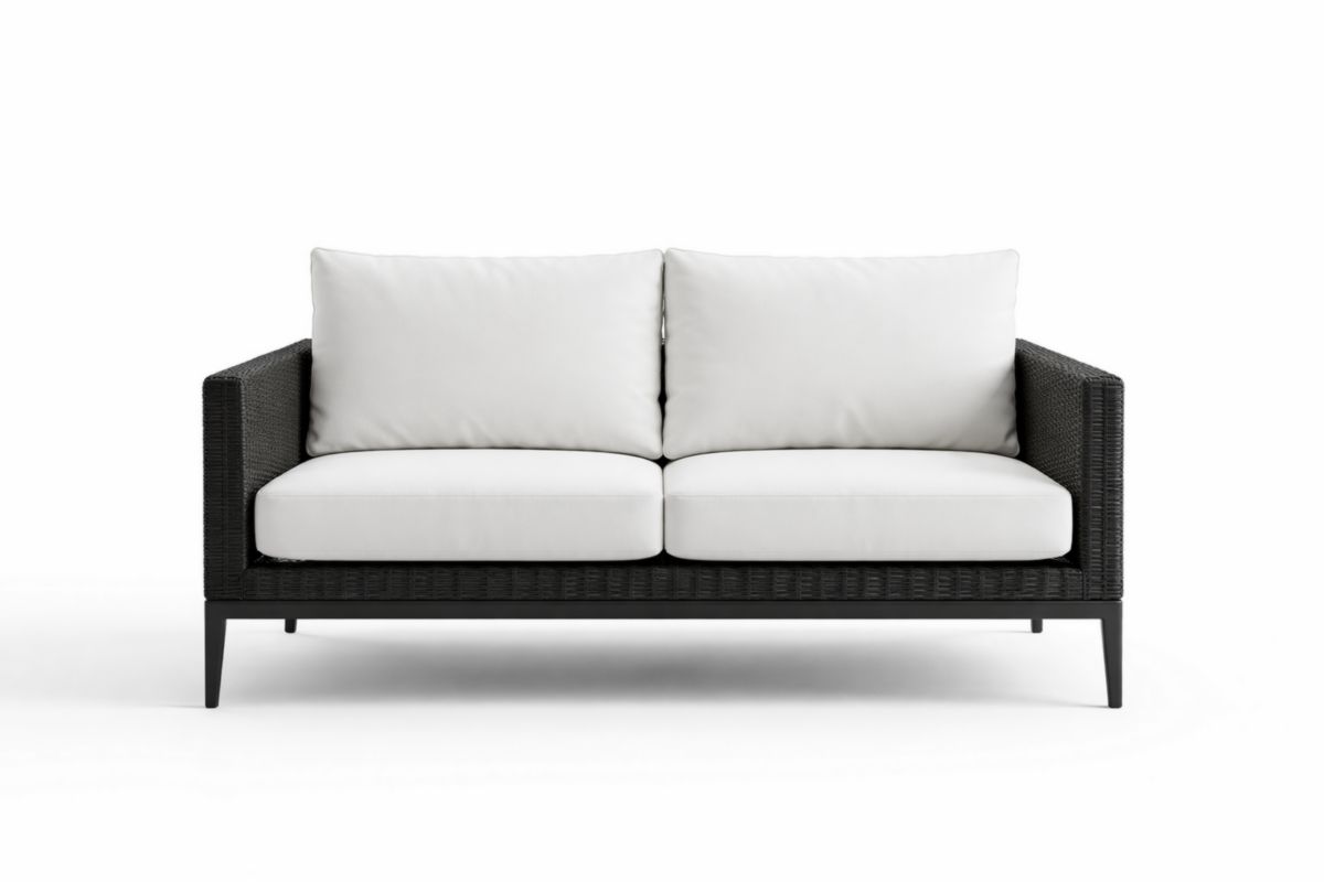 Divano a Due Posti in Rattan Nero con Cuscini Bianchi