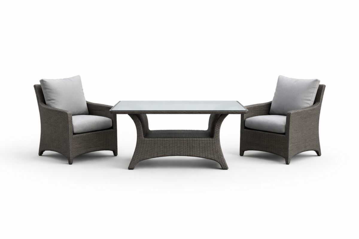 Set mobili da giardino in rattan con tavolo in vetro e poltrone grigie