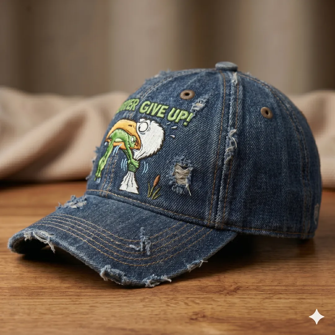 NEVER EVER GIVE UP Denim Embroidered Baseball Cap
