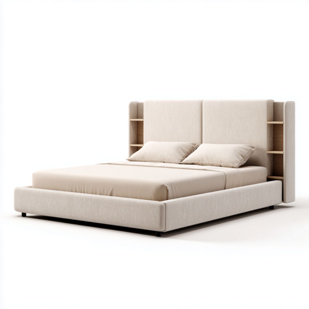 Lit Double Rembourré en Tissu Beige avec Étagères Latérales Intégrées-Furnituretherapysv