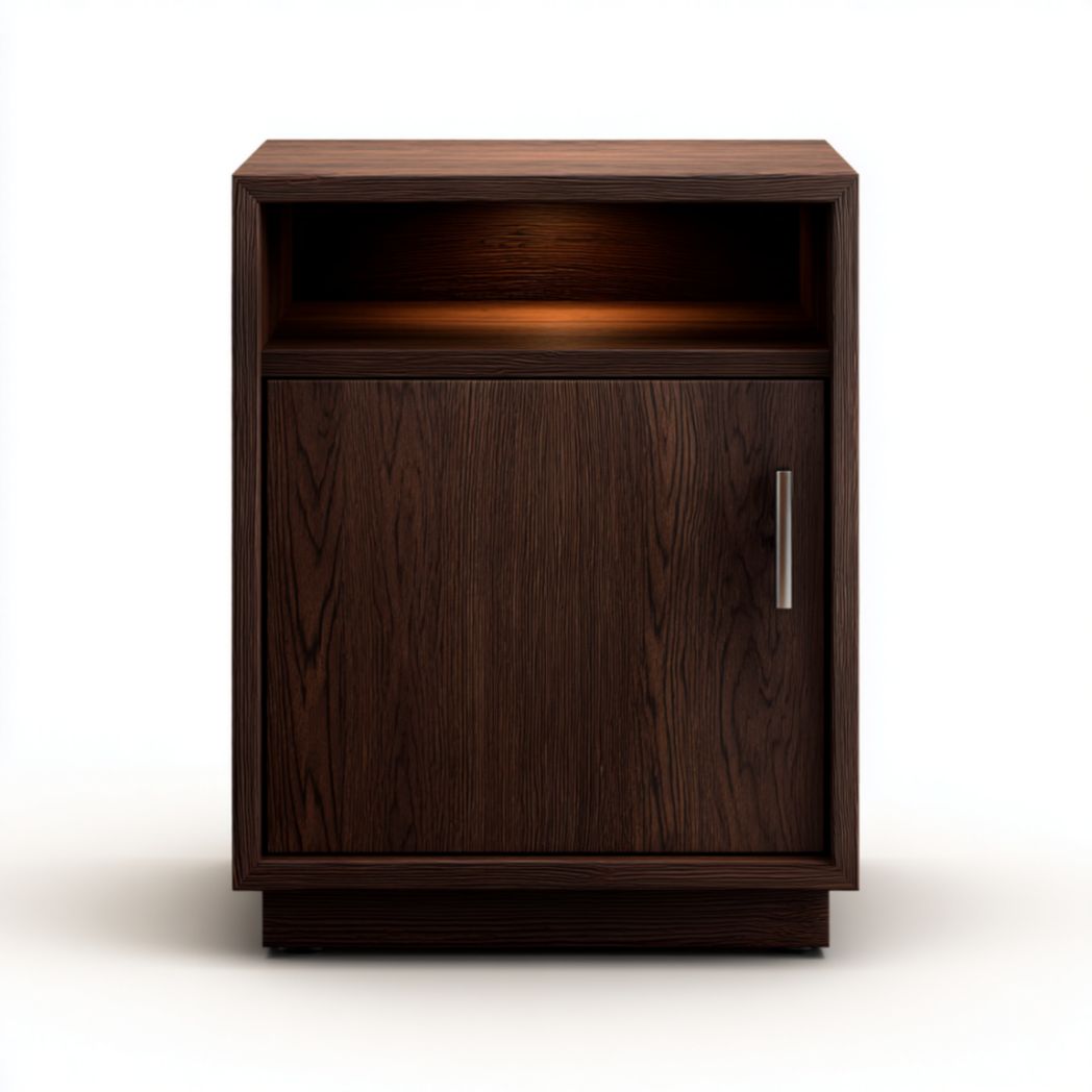 Table de Chevet en Bois de Frêne Marron avec Compartiment Ouvert et Porte de Rangement-Furnituretherapysv