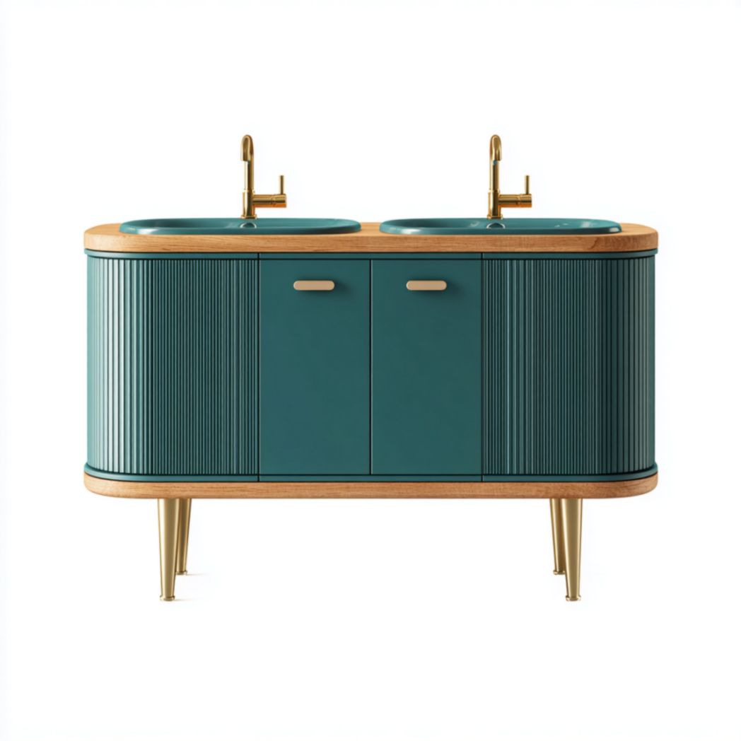 Meuble de Salle de Bain Double Vasque Arrondi en Bois de Chêne et Bouleau - Bleu Canard-Furnituretherapysv
