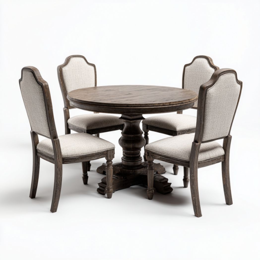 Ensemble de Table de Salle à Manger Ronde et 4 Chaises en Bois d'Hévéa et Tissu-Furnituretherapysv