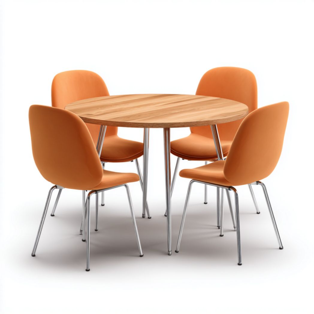Ensemble de Table à Manger Ronde et 4 Chaises en Bois de Chêne et Acier Inoxydable-Furnituretherapysv