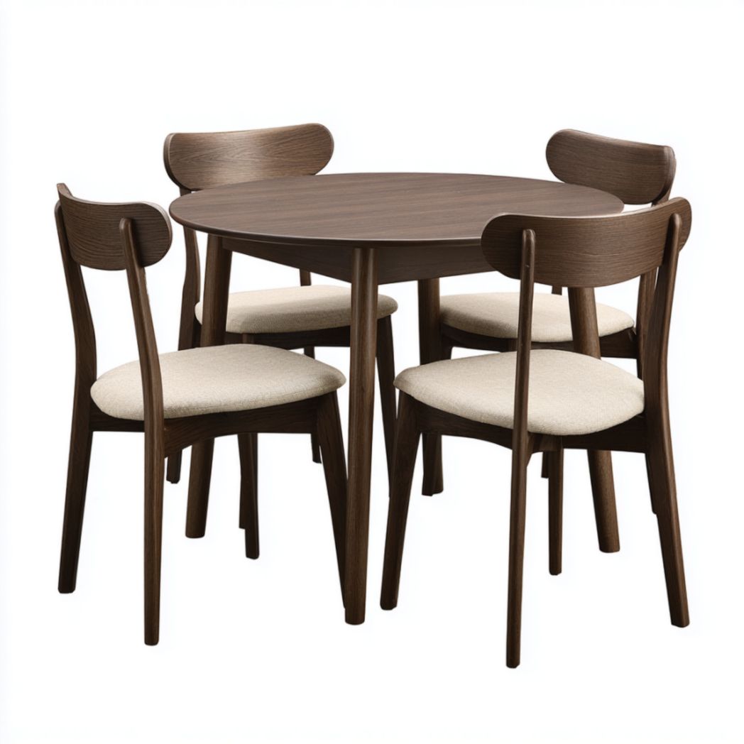 Ensemble table ronde et chaises - 5 pièces en bois avec sièges beiges-Furnituretherapysv