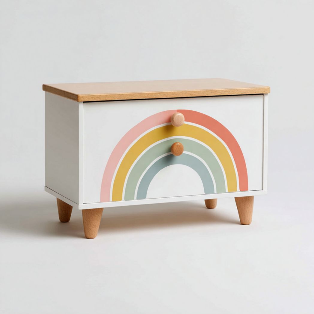 Petit Meuble de Rangement pour Enfant avec Motif Arc-en-Ciel et Pieds en Bois de Pin-Furnituretherapysv