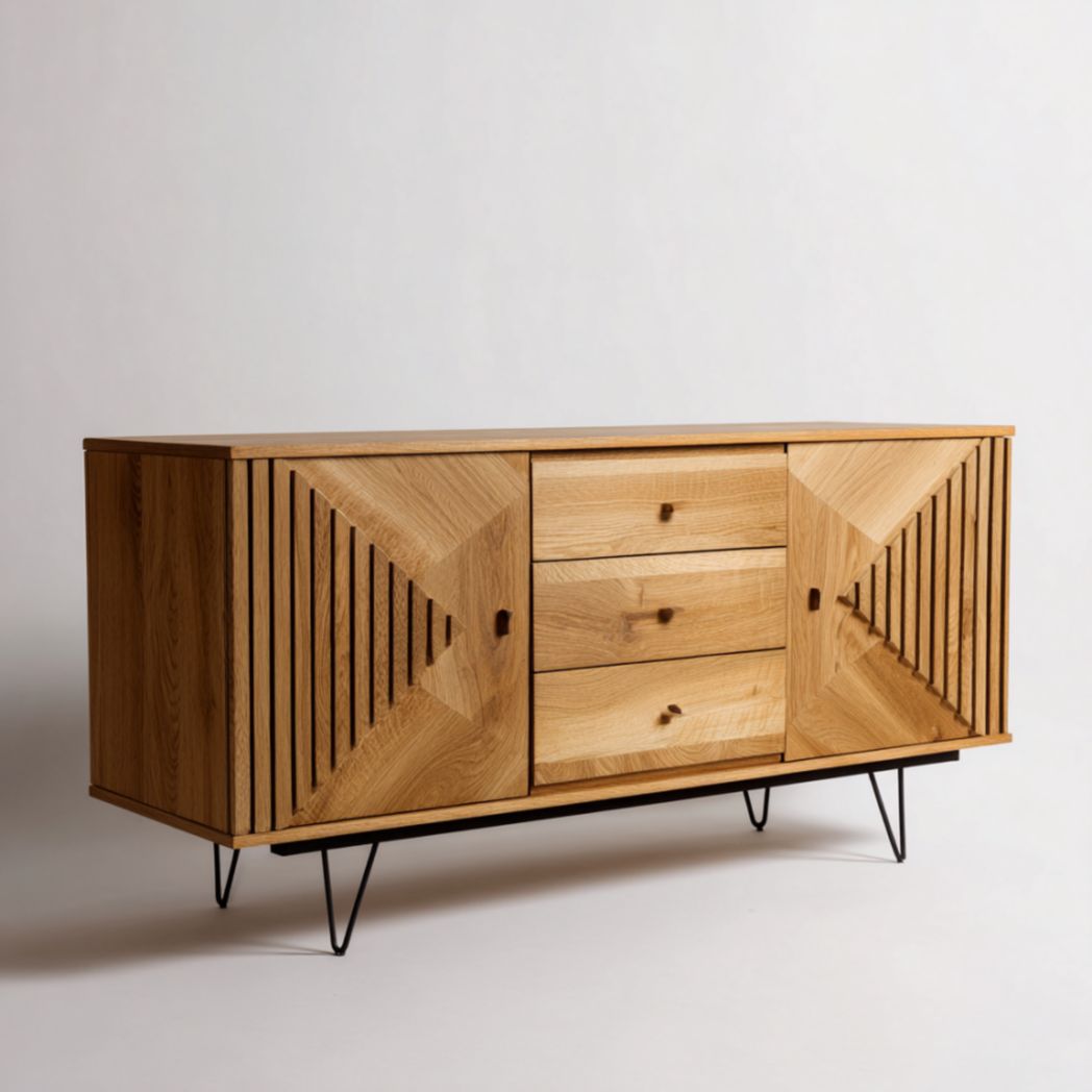 Buffet en bois clair avec trois tiroirs et portes décoratives-Furnituretherapysv