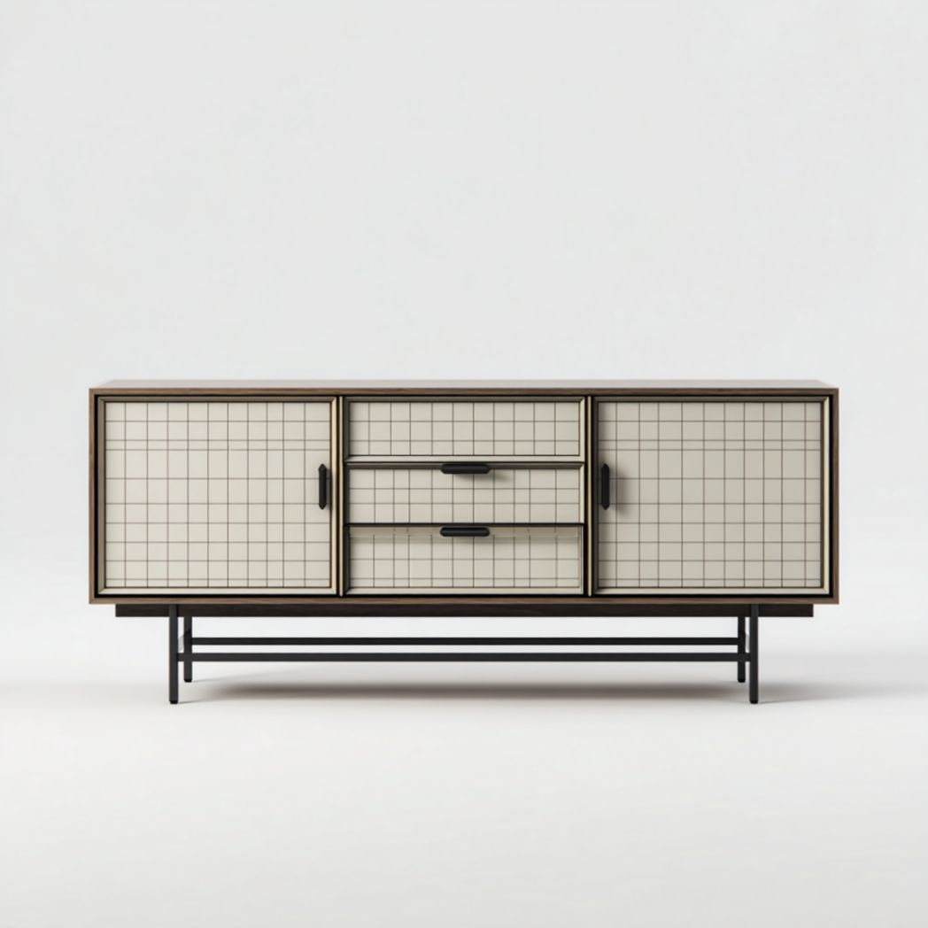 Commode à 3 tiroirs et 2 portes avec design à carreaux-Furnituretherapysv