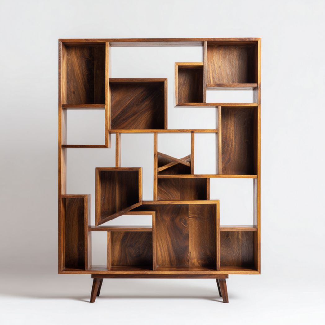 Étagère en bois massif, design géométrique à 12 compartiments-Furnituretherapysv