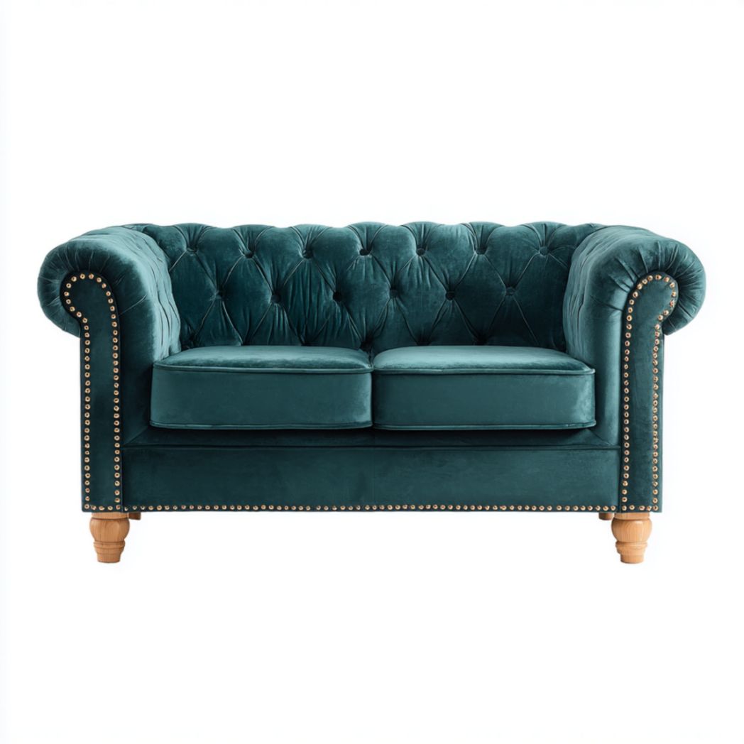 Canapé 2 places en tissu bleu vert avec clous décoratifs et pieds en bois-Furnituretherapysv