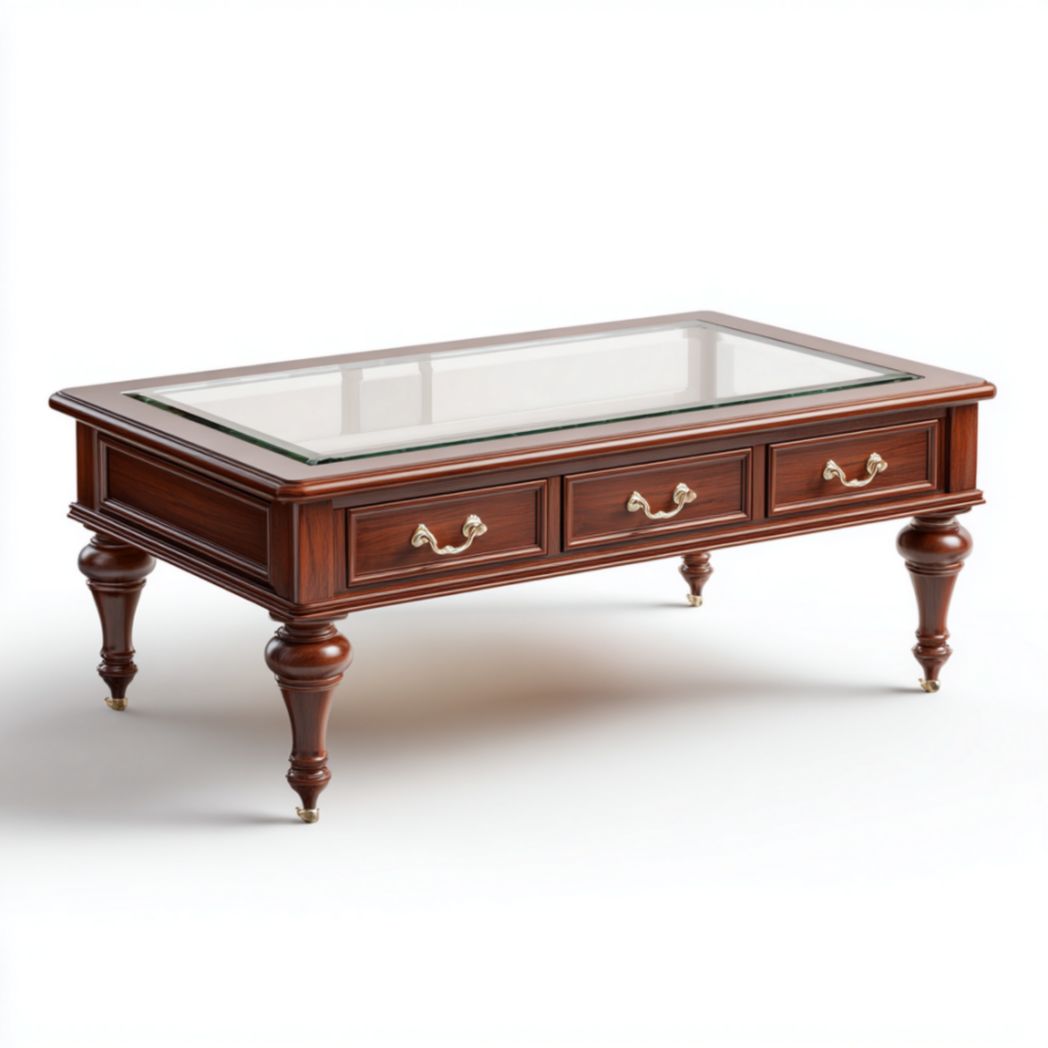 Table Basse Rectangulaire en Bois de Merisier avec Plateau en Verre et 3 Tiroirs-Furnituretherapysv