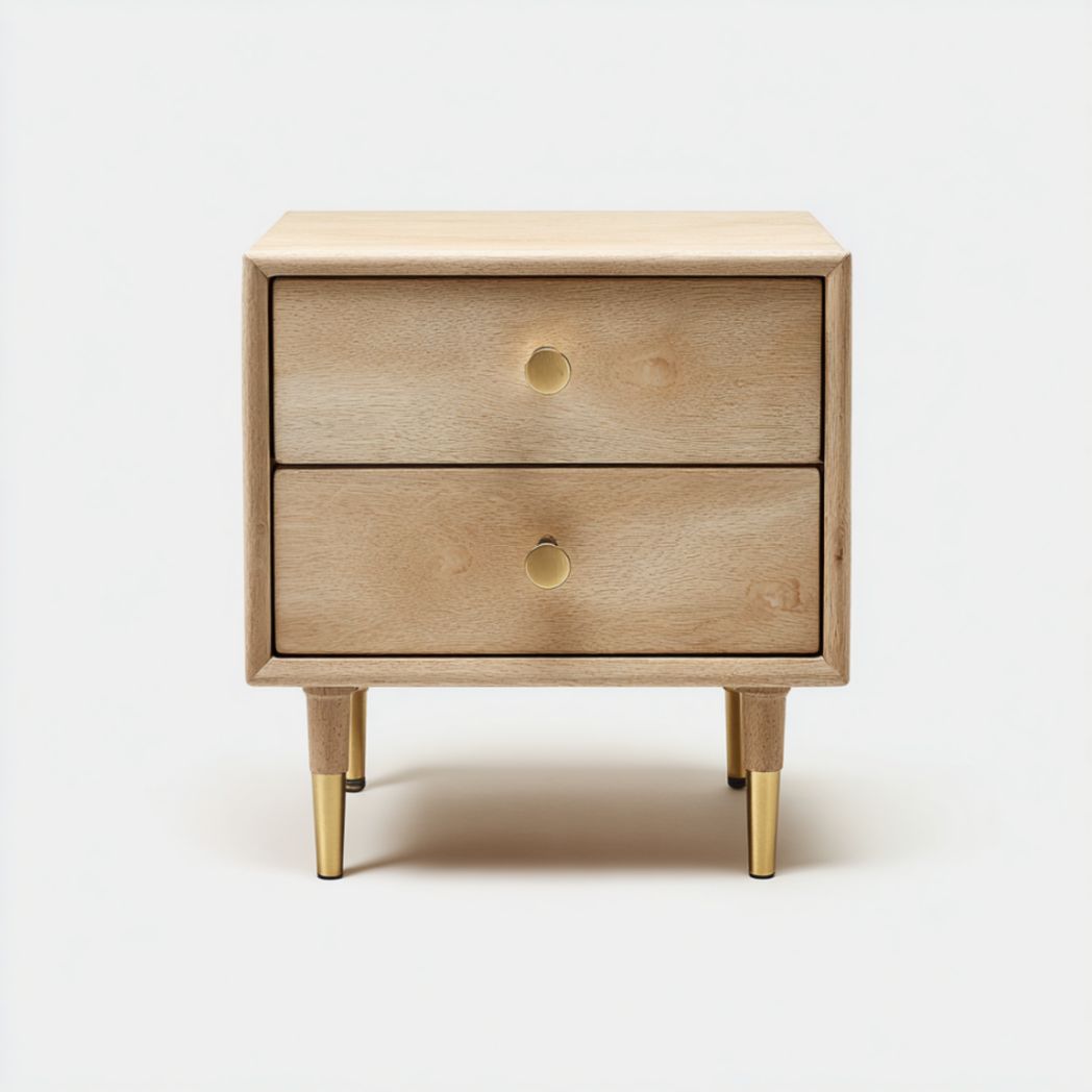 Table de Chevet en Bois de Frêne avec 2 Tiroirs et Pieds en Métal Doré-Furnitureinsas