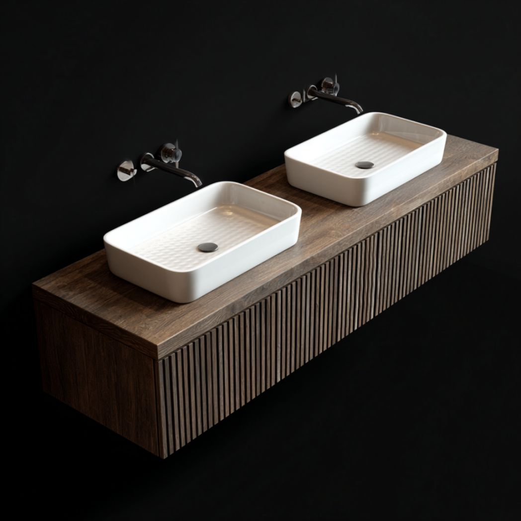 Meuble de Salle de Bain Suspendu à Double Vasques en Bois de Chêne - Marron Foncé-Furnitureinsas