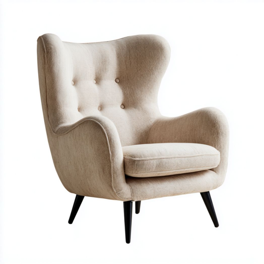 Fauteuil à Oreilles en Tissu de Polyester et Pieds en Bois de Bouleau - Beige-Furnitureinsas