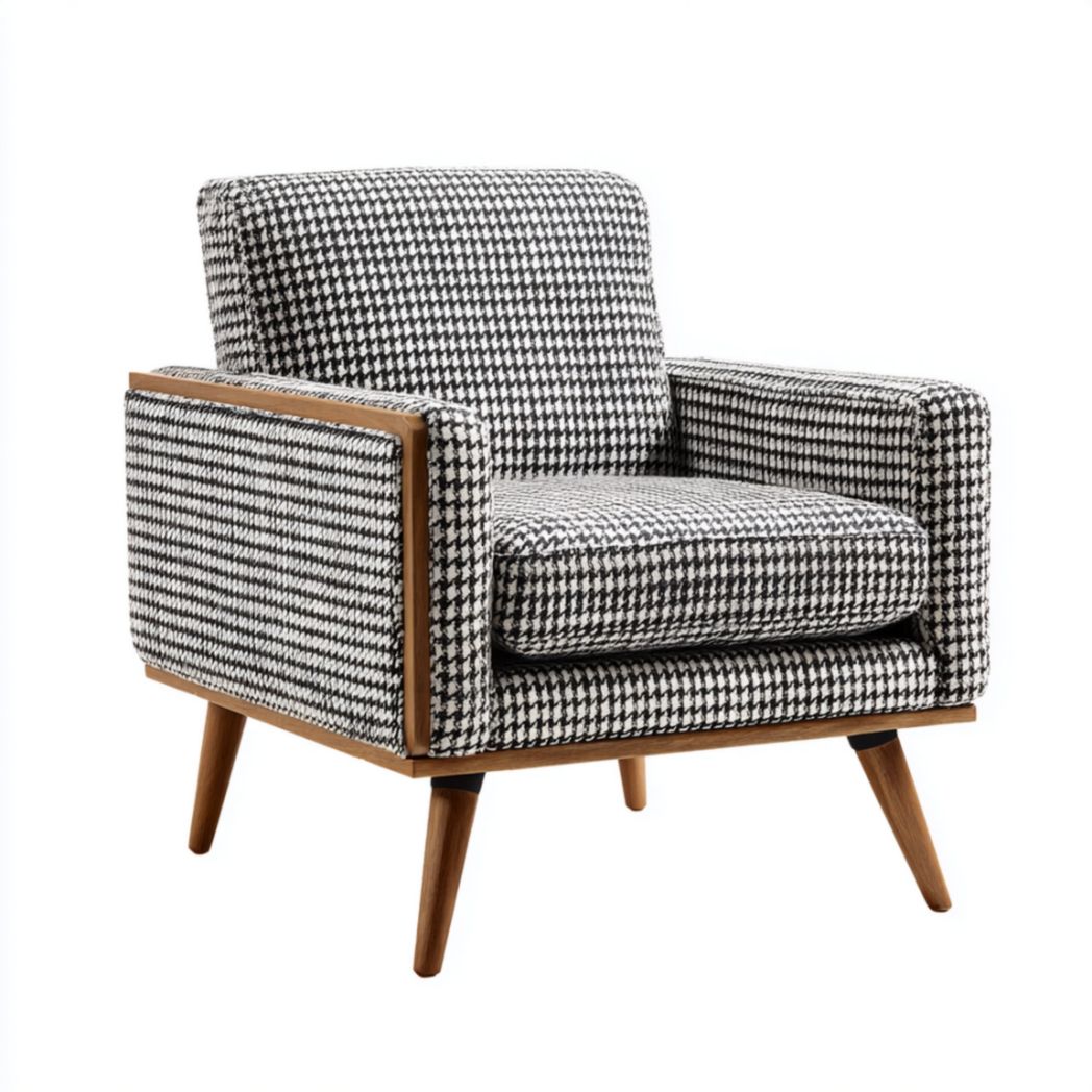 Fauteuil à 1 Place en Tissu de Polyester à Motif Pied-de-Poule et Structure en Bois de Chêne-Furnitureinsas