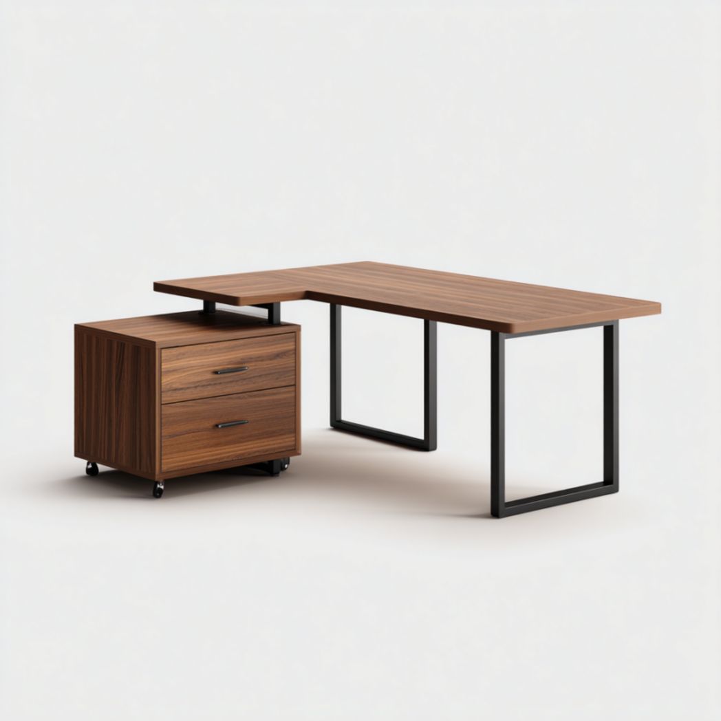 Bureau d'Angle en Forme de L avec Caisson à Tiroirs Mobile en Bois de Noyer et Acier-Furnitureinsas