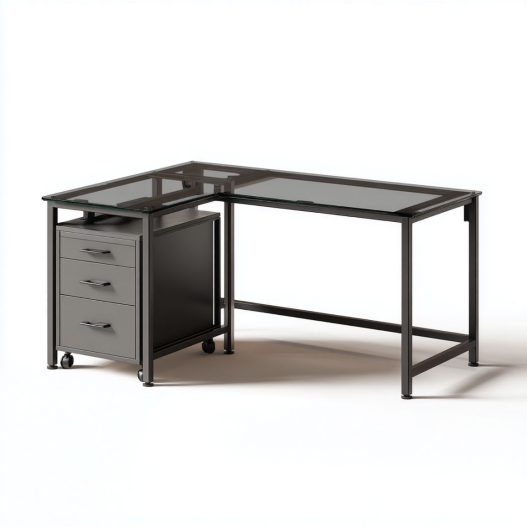 Bureau d'Angle en L avec Plateau en Verre Trempé et Caisson à 3 Tiroirs en Acier-Furnitureinsas