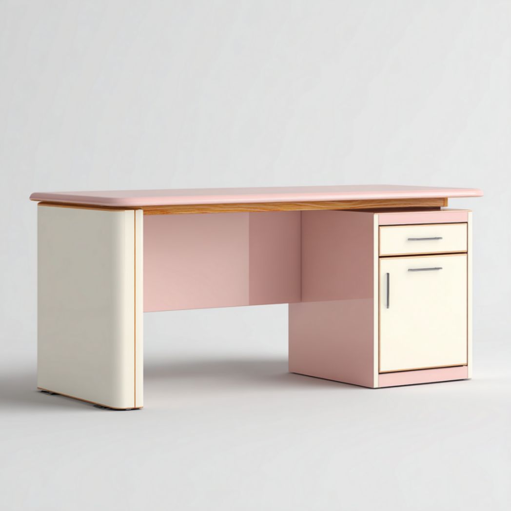 Bureau d'Ordinateur à 2 Tiroirs en Bois de Pin et de Cerisier Rose et Blanc-Furnitureinsas