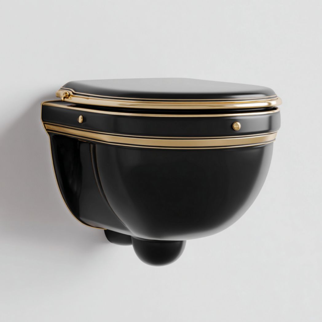 Cuvette de Toilette Suspendue en Céramique Noir Brillant avec Détails en Laiton Doré-Furnitureinsas