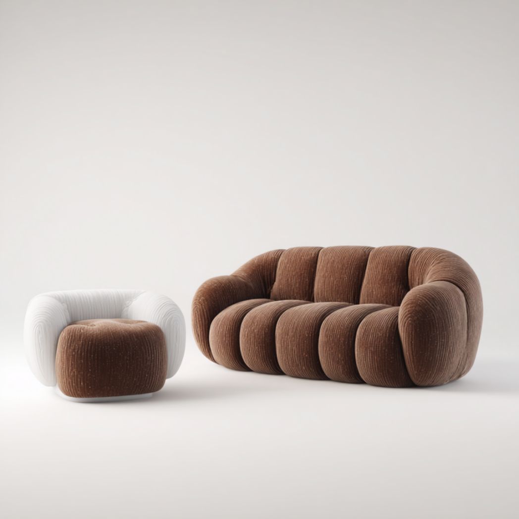 Canapé et pouf bicolore – Tissu côtelé, marron et blanc-Furnitureinsas