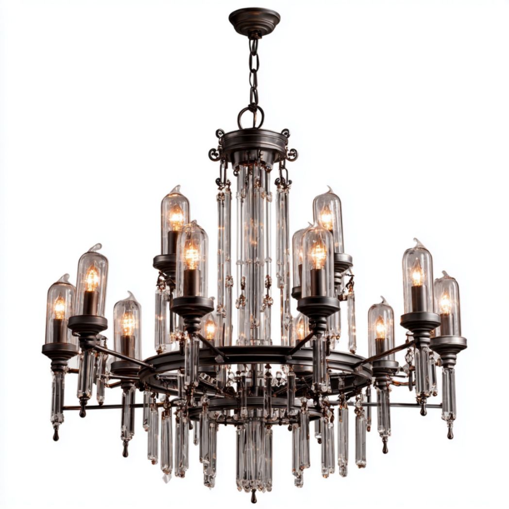 Suspension, design en métal doré avec pendentifs en cristal, 15 ampoules-Furnitureinsas