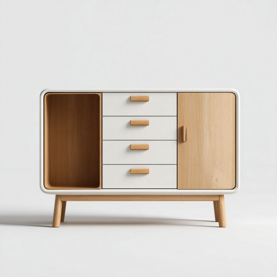 Commode à 4 tiroirs et 1 porte avec pieds en bois clair-Furnitureinsas