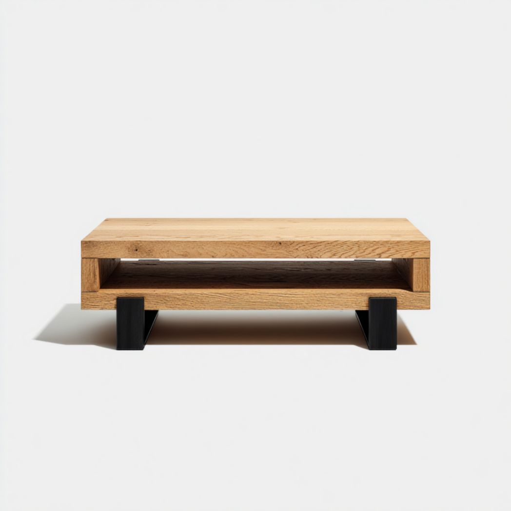 Table Basse Rectangulaire à Double Plateau en Chêne et Métal Noir-Furnitureinsas
