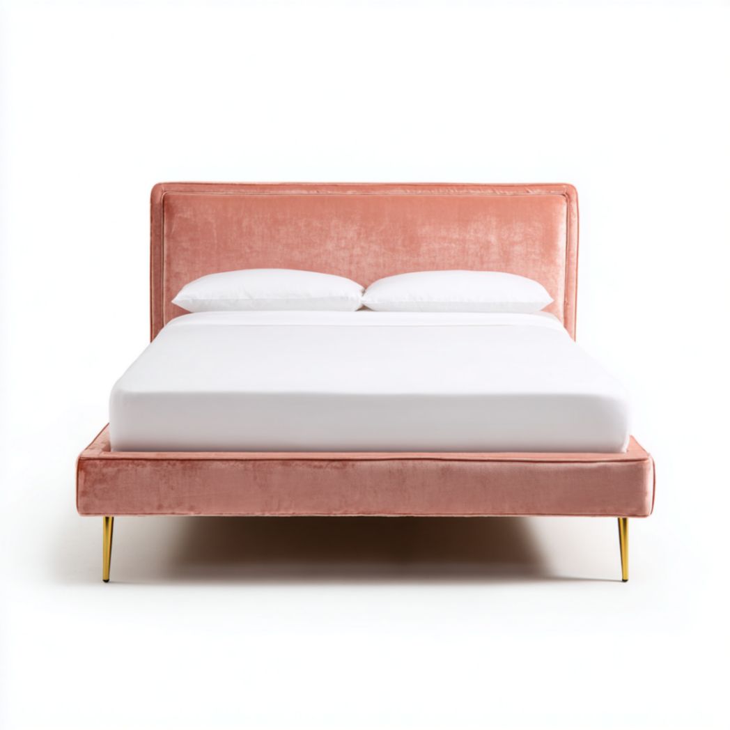 Cadre de Lit Double Rembourré en Tissu Rose avec Pieds Dorés-Furnitureinsas