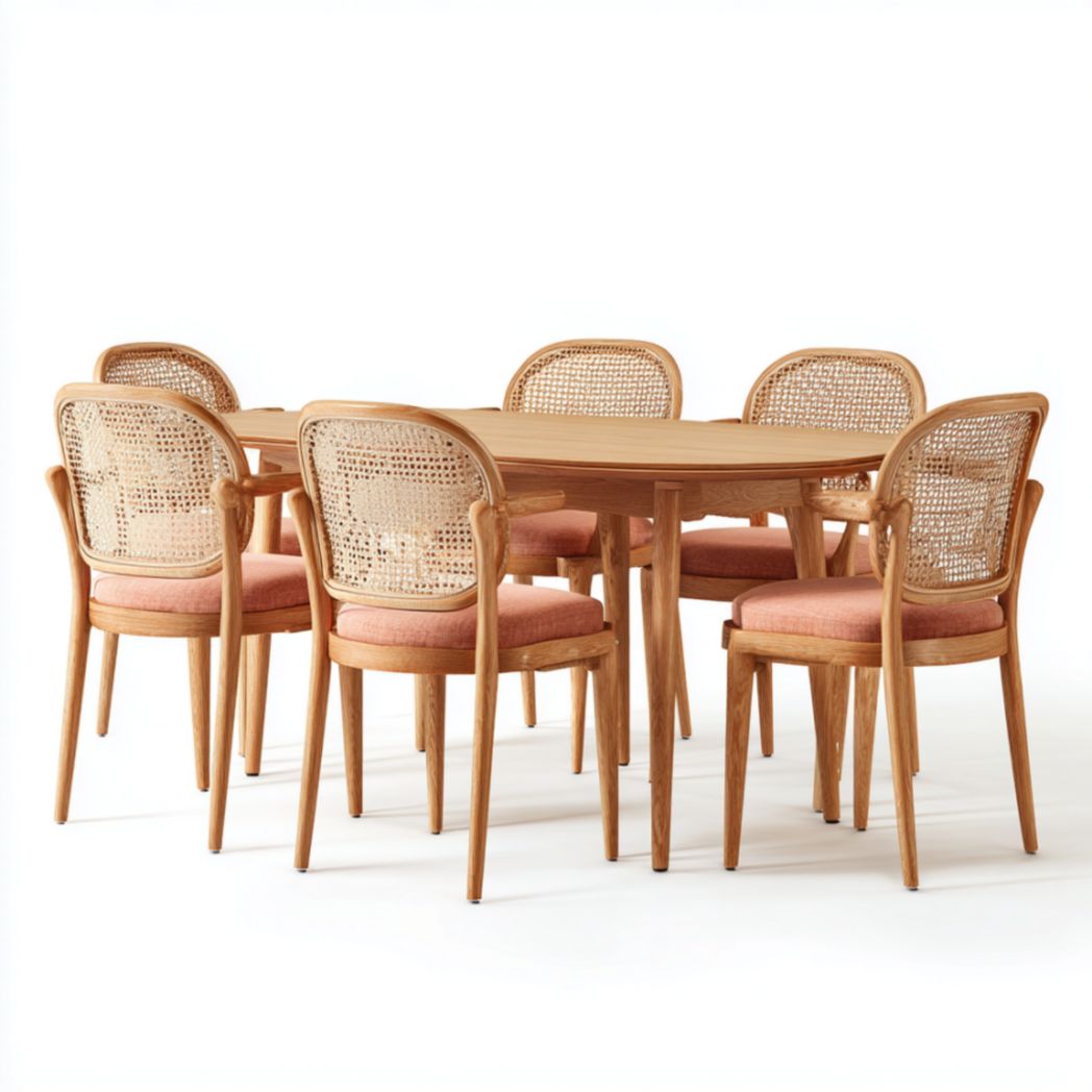 Ensemble de Table à Manger Ovale et 6 Chaises en Bois de Chêne avec Dossier en Cannage